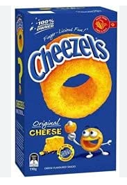a blue and yellow box of cheezels snacks